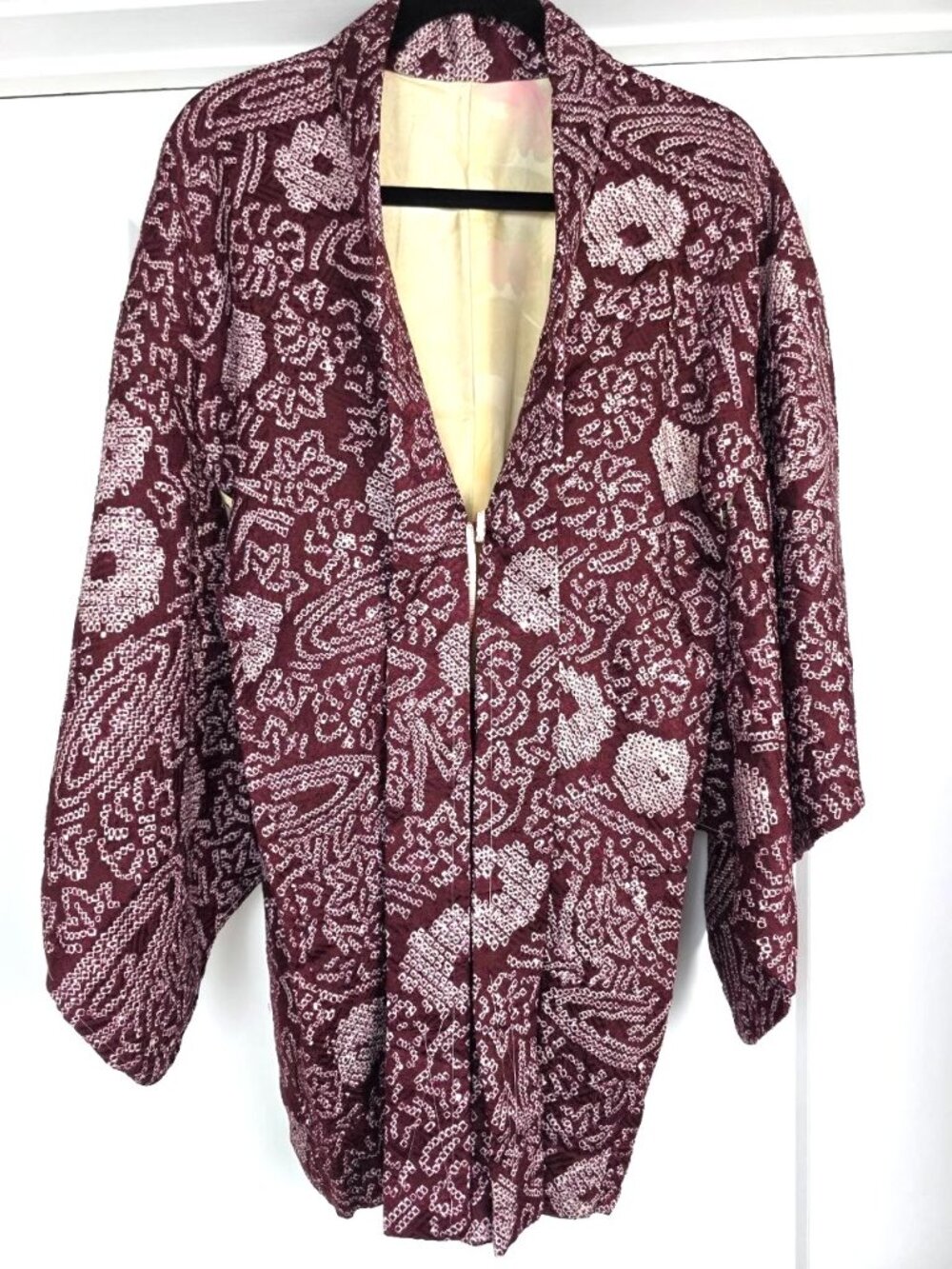 Vintage Japanese Silk Haori Kimono Jacket Burgundy Shibori Pattern Silk Lined
